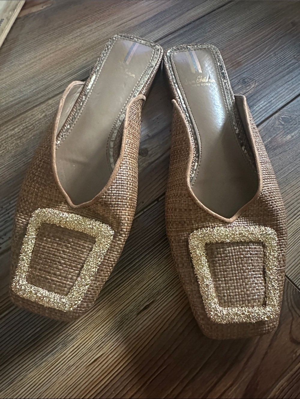 Sam Edelman Brown Woven Slide Mules with Gold Glitter Buckle 8.5